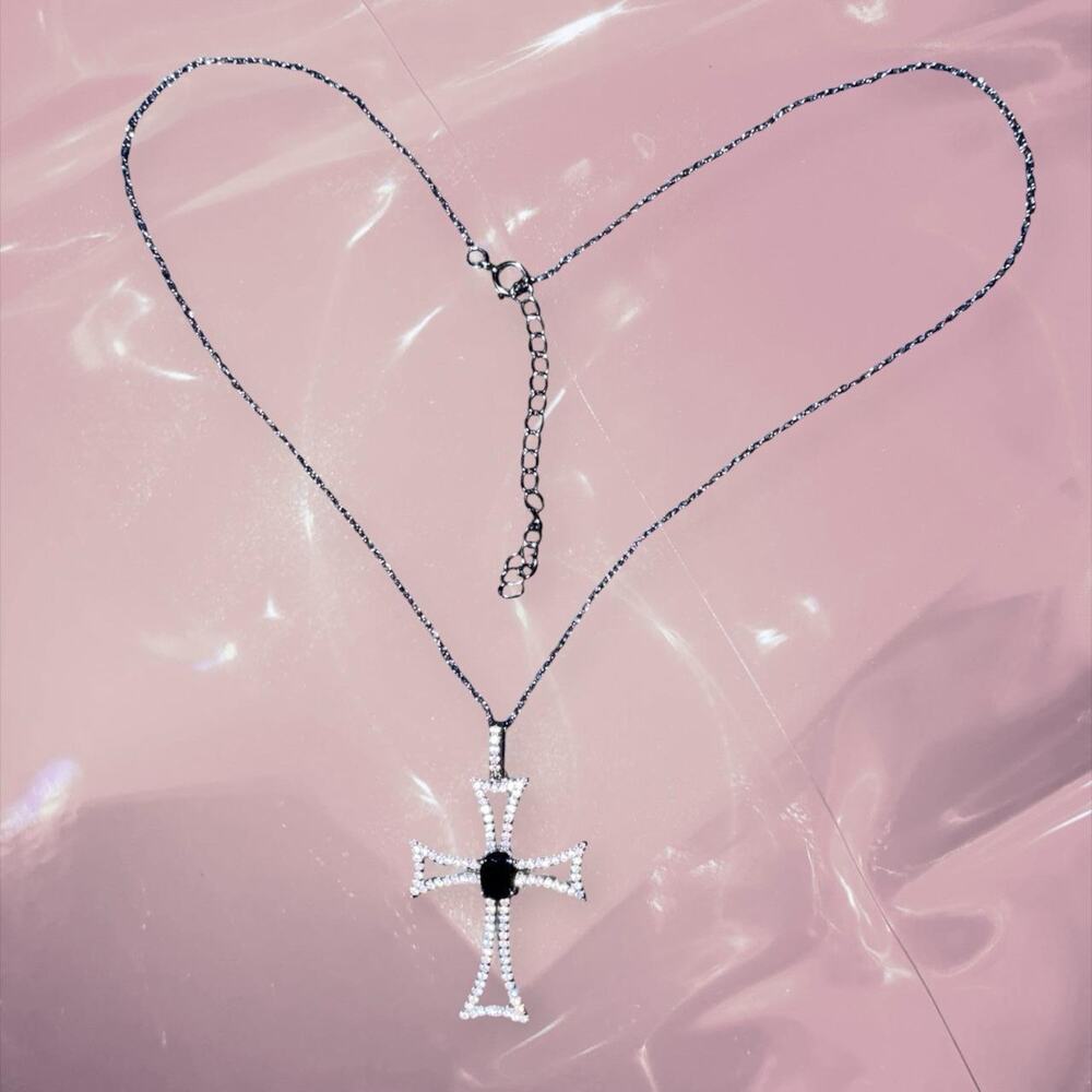 Y2K grunge goth 925 Sterling Silver black sparkling Cross Necklace adjustable